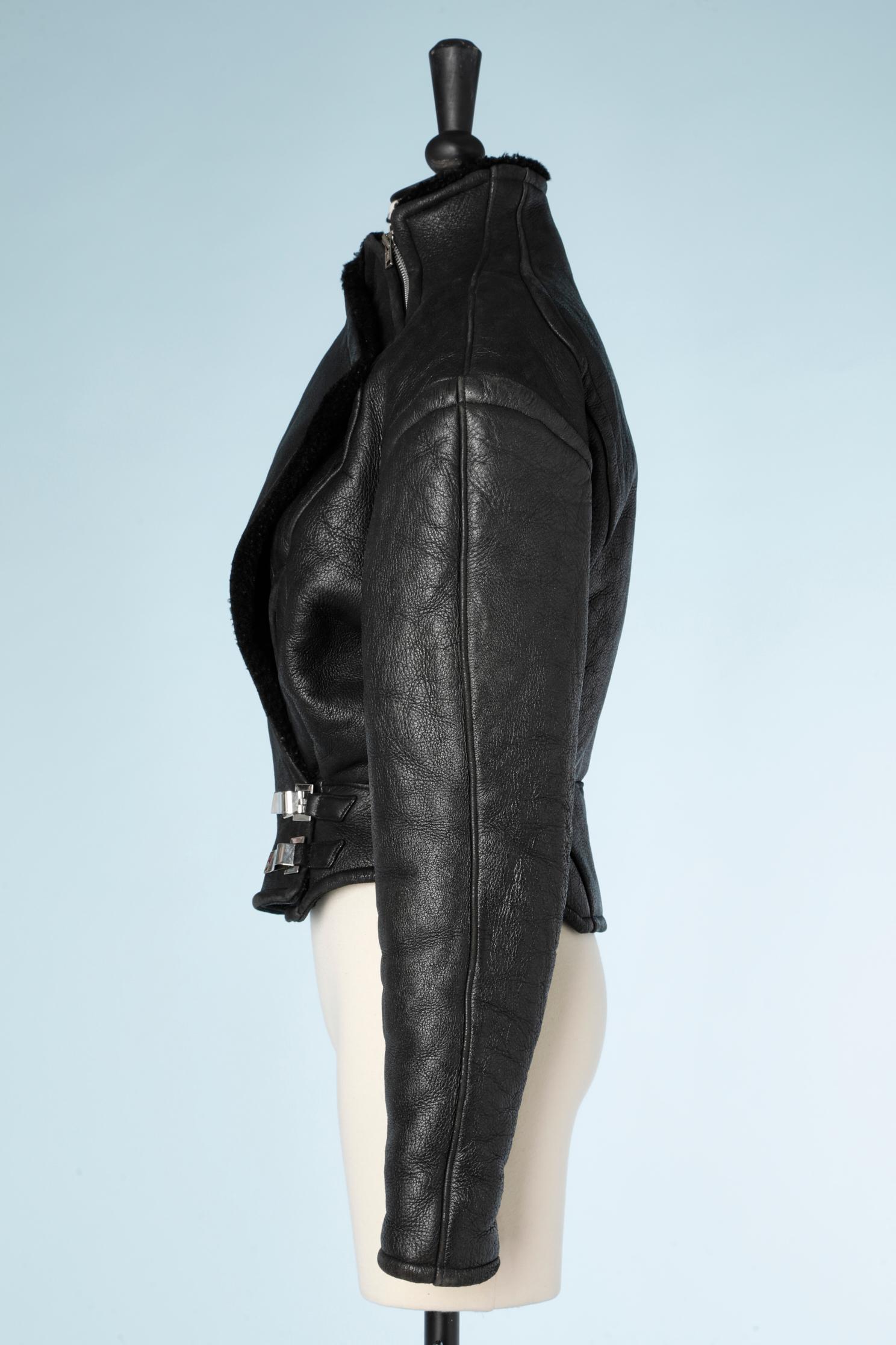 Black shearling perfecto with silver metal buckles Thierry Mugler 3