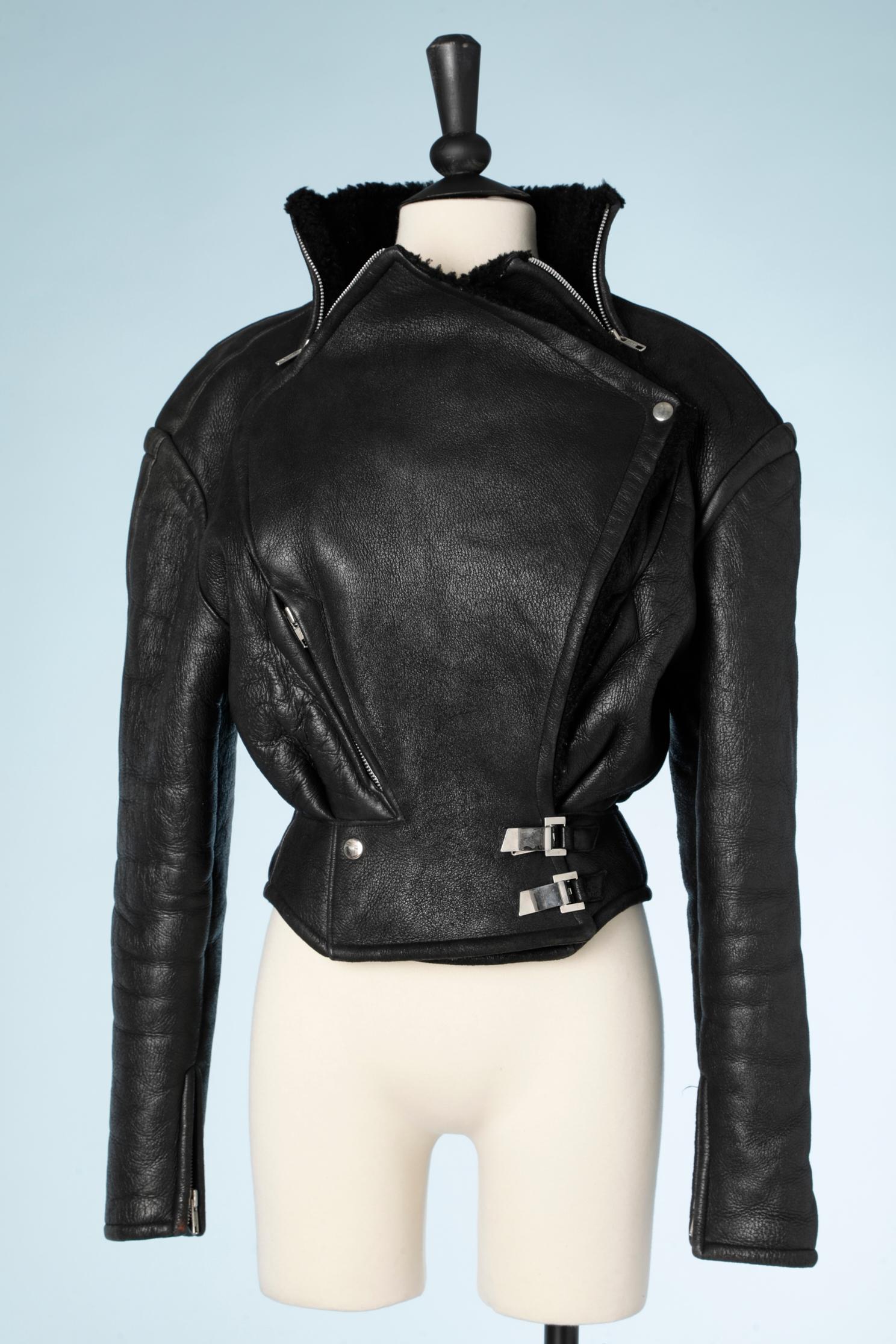 Black shearling perfecto with silver metal buckles Thierry Mugler 4
