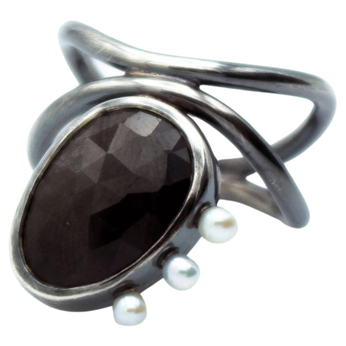 Black Sheen Sapphire Pearl Diatom Ring by TIN HAUS For Sale