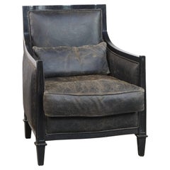 Black cowhide leather and wooden armchair with a timeless Art Deco design