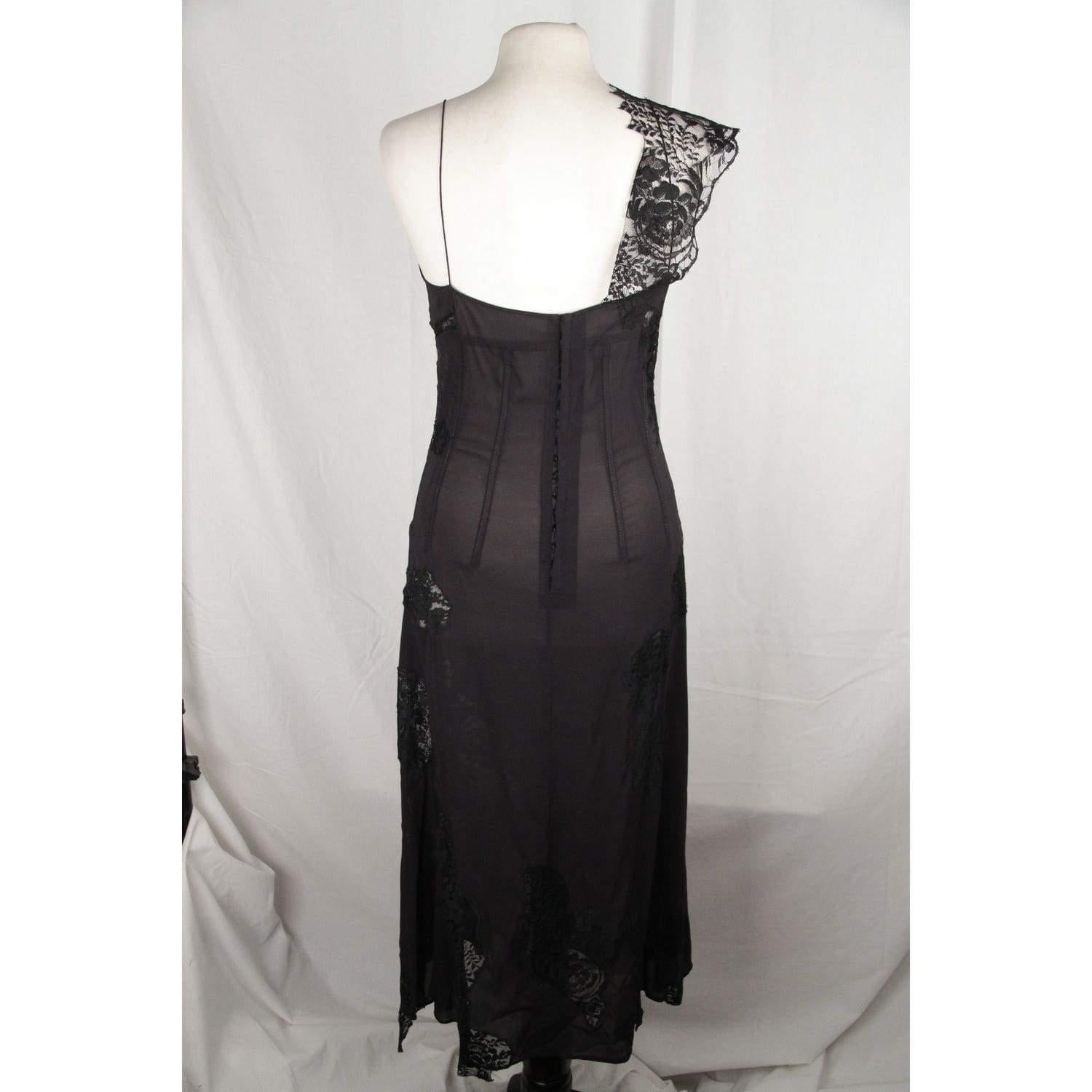 Women's  BLACK Sheer Chiffon BUSTIER LACE Midi DRESS Asymmetric Neckline