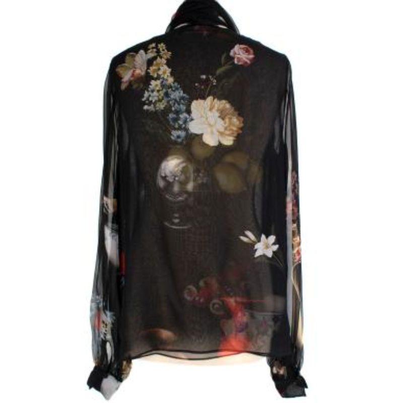 Black Sheer Silk Floral Pussy Bow Blouse In Excellent Condition For Sale In London, GB