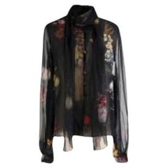 Black Sheer Silk Floral Pussy Bow Blouse