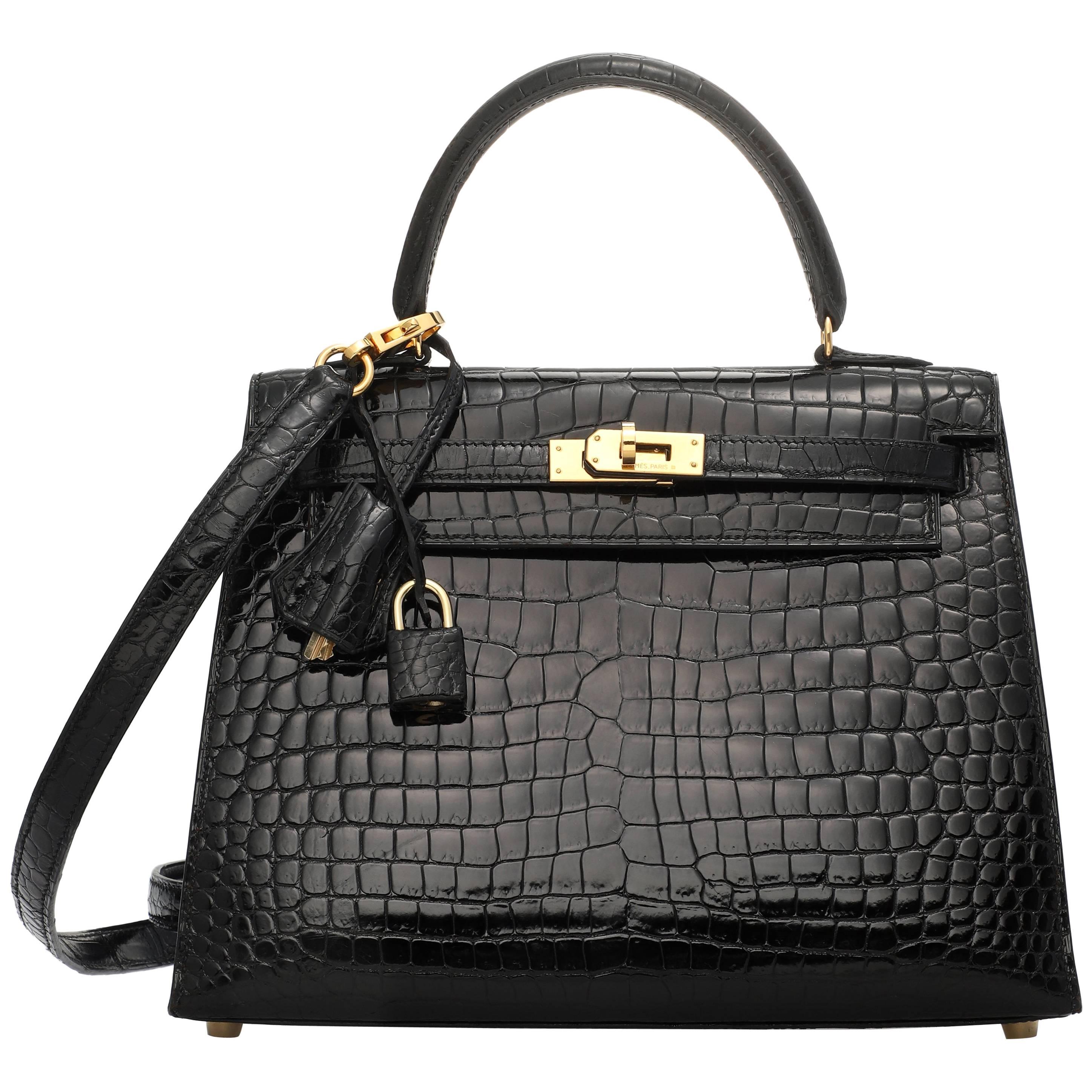Black shiny porosus crocodile leather Hermes Kelly Sellier 25 Bag