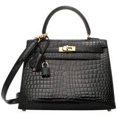 Black shiny porosus crocodile leather Hermes Kelly Sellier 25 Bag