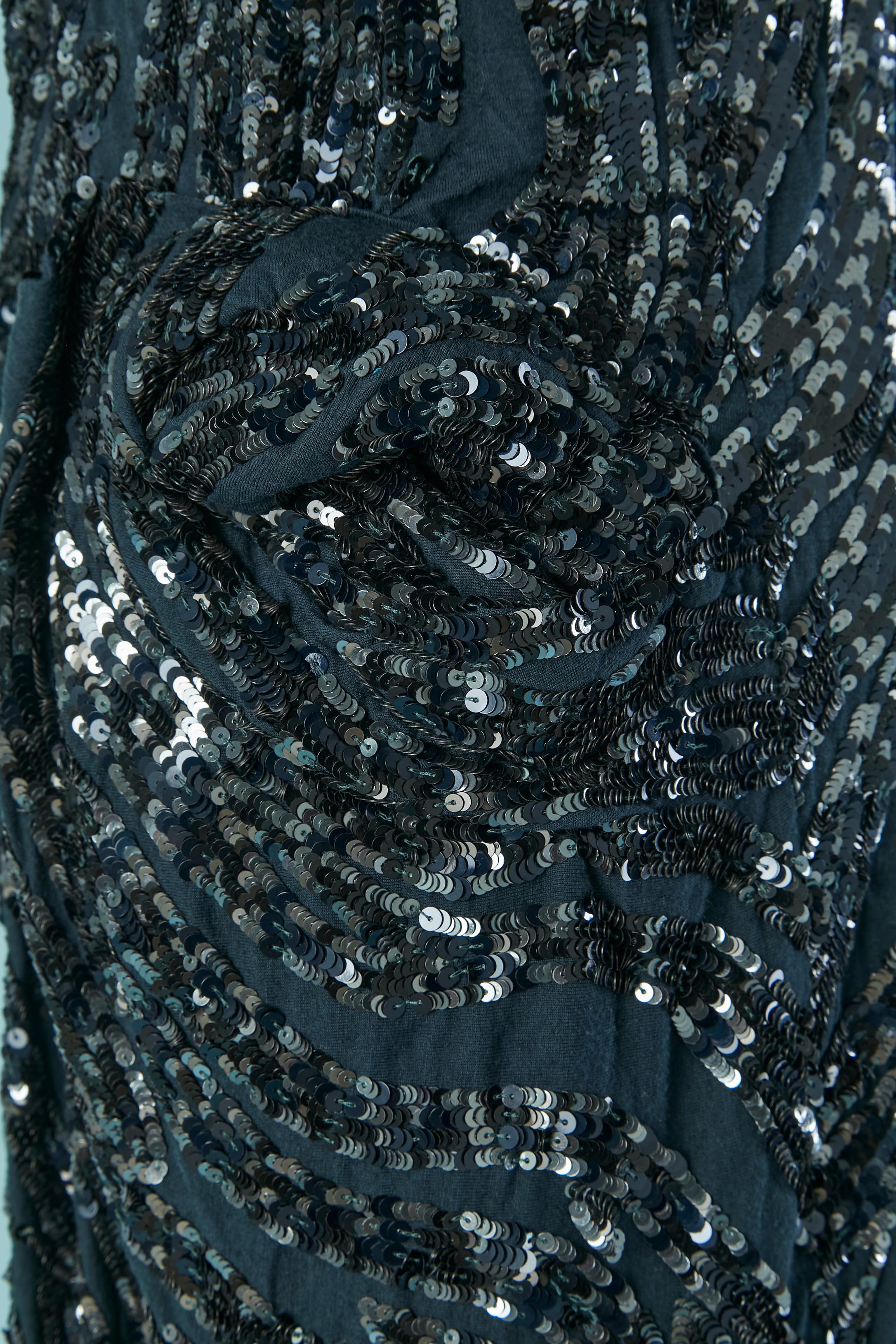 Robe de cocktail drapée à paillettes noires sur base de jersey bleu LANVIN by A. Elbaz en vente 1