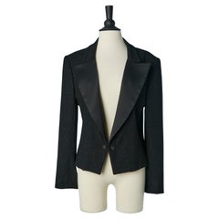 Black shiny wool edge to edge jacket with silk collar CHANEL