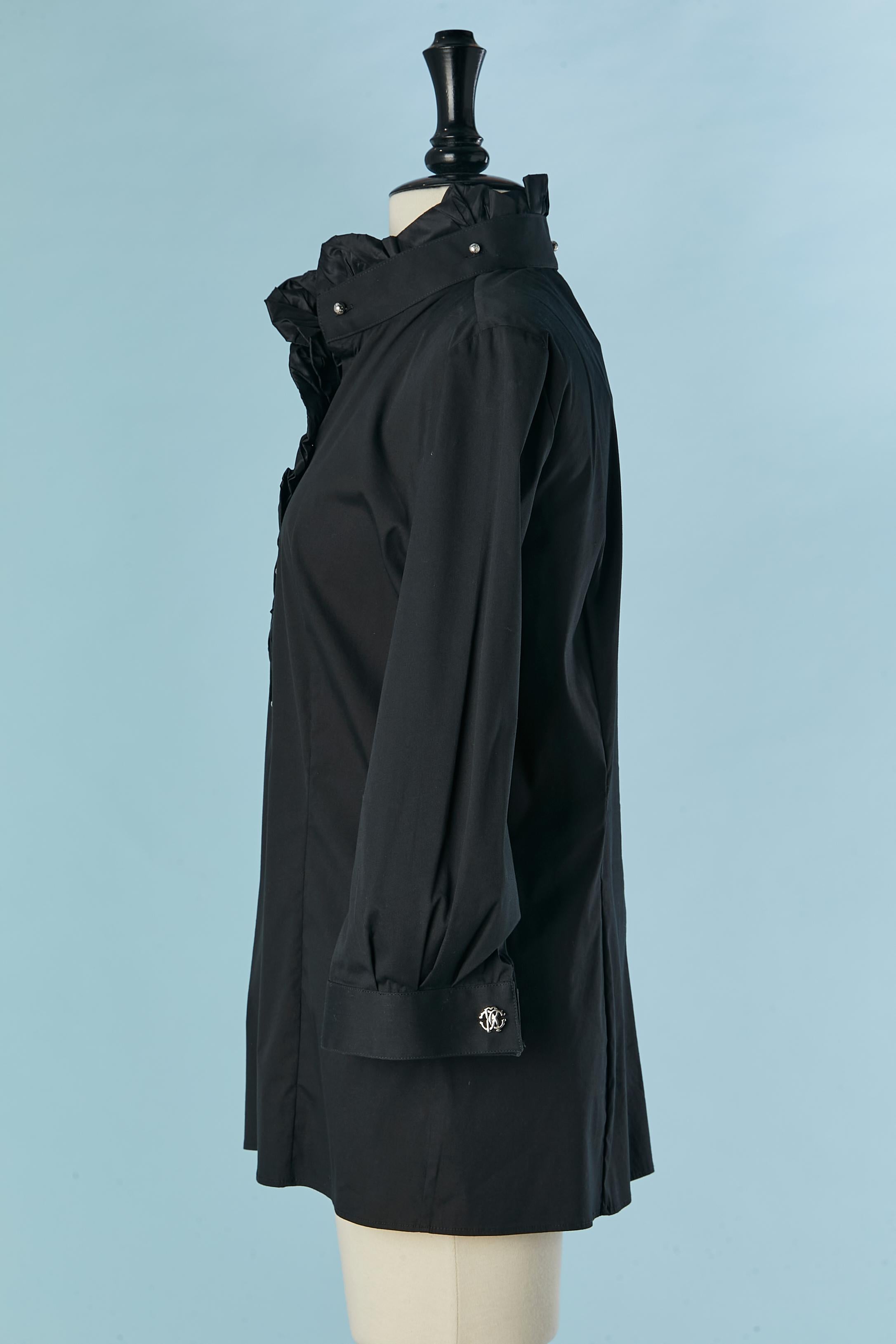 Women's Black shirt with silk taffetas ruffles edge and silver buttons Roberto Cavalli For Sale