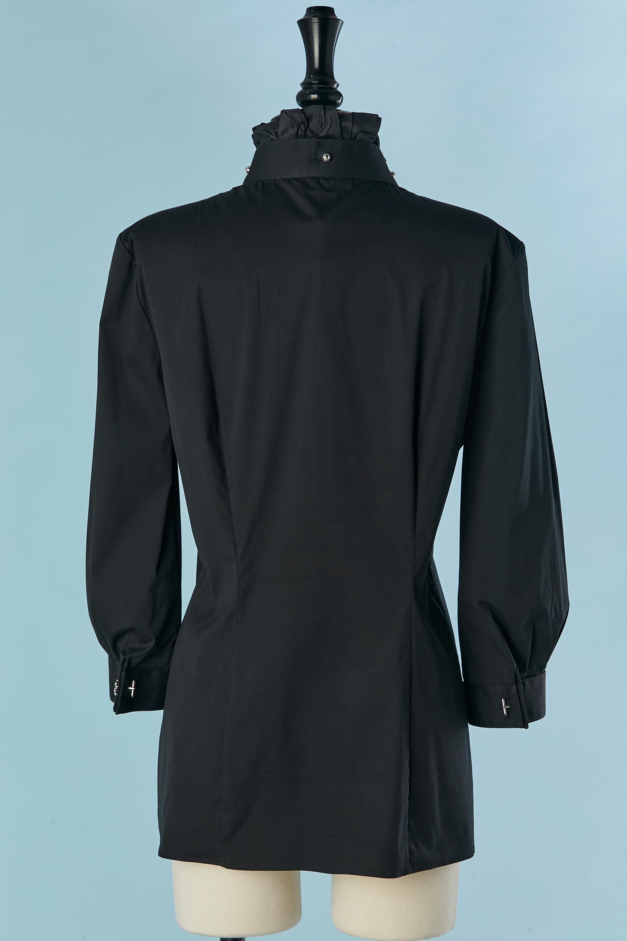 Black shirt with silk taffetas ruffles edge and silver buttons Roberto Cavalli For Sale 2