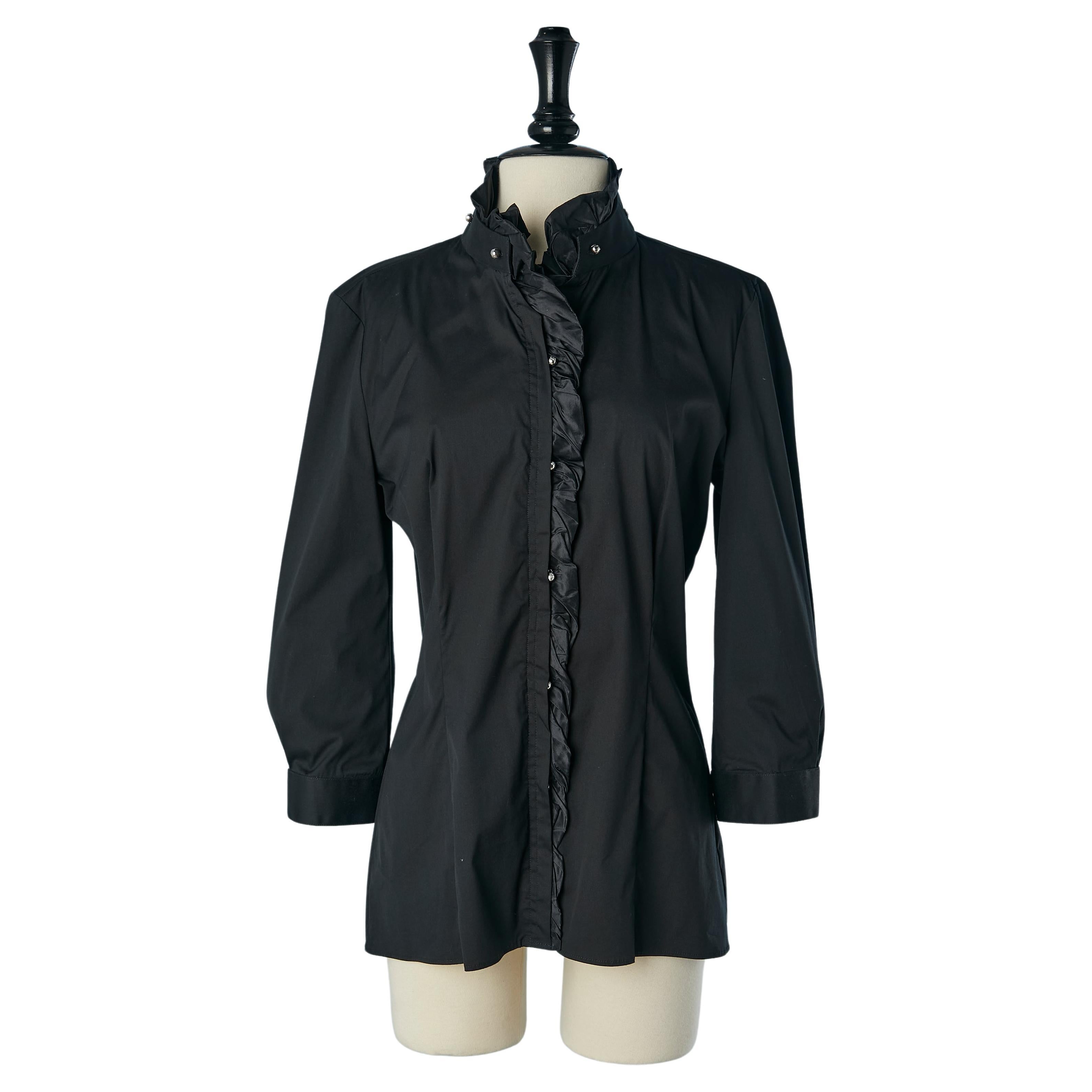 Black shirt with silk taffetas ruffles edge and silver buttons Roberto Cavalli  For Sale