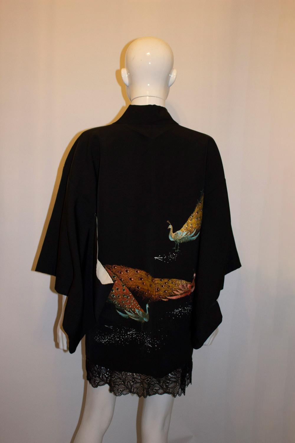 Black Short Hari /Kimono with Pheasant Design In Good Condition For Sale In London, GB
