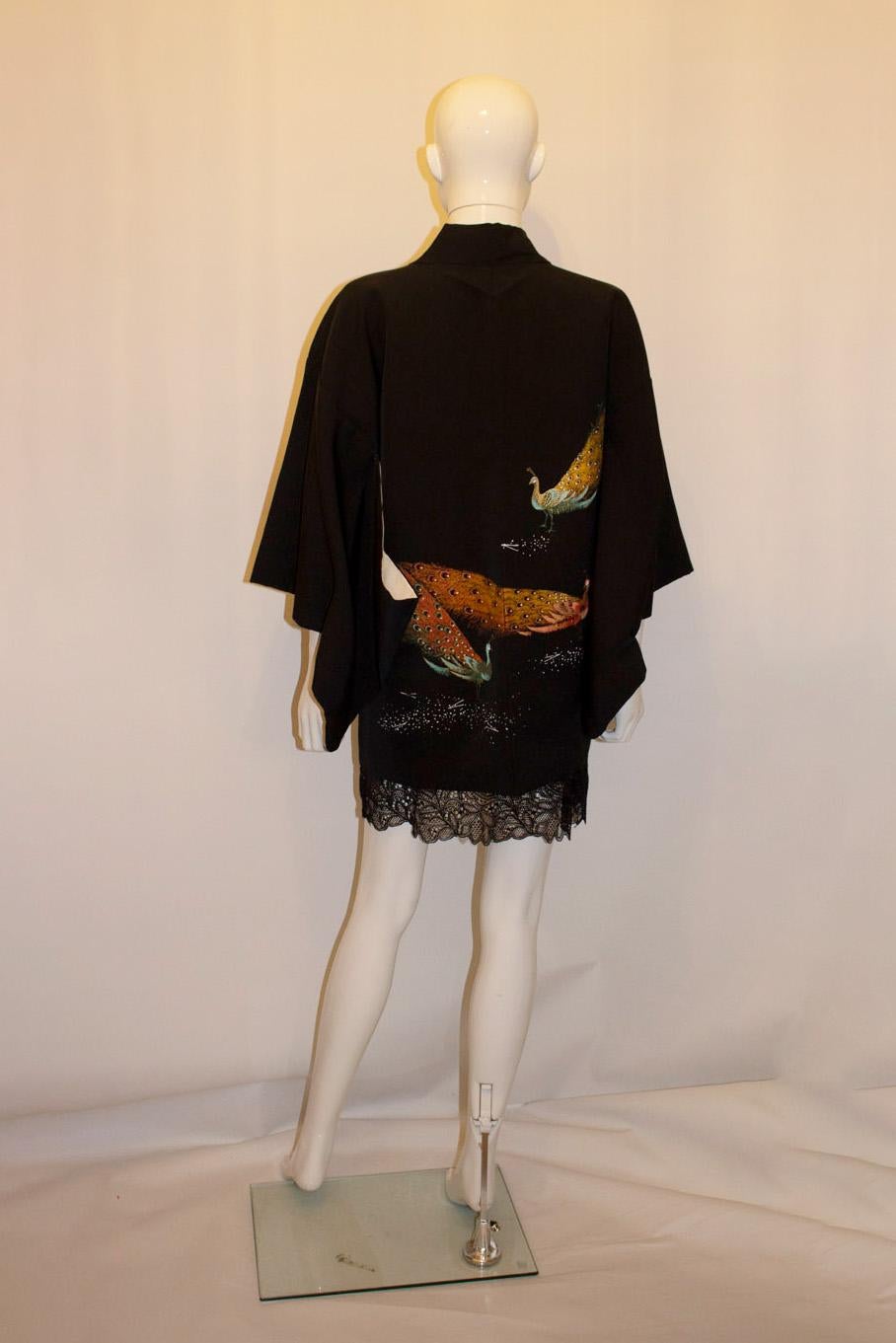 Women's Black Short Hari /Kimono with Pheasant Design For Sale