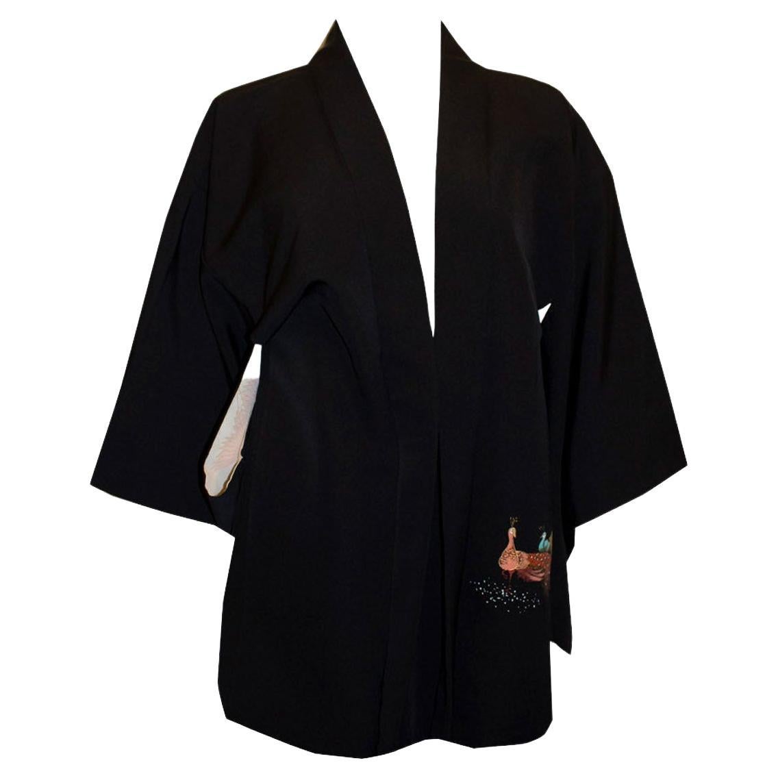 Black Short Hari /Kimono with Pheasant Design For Sale