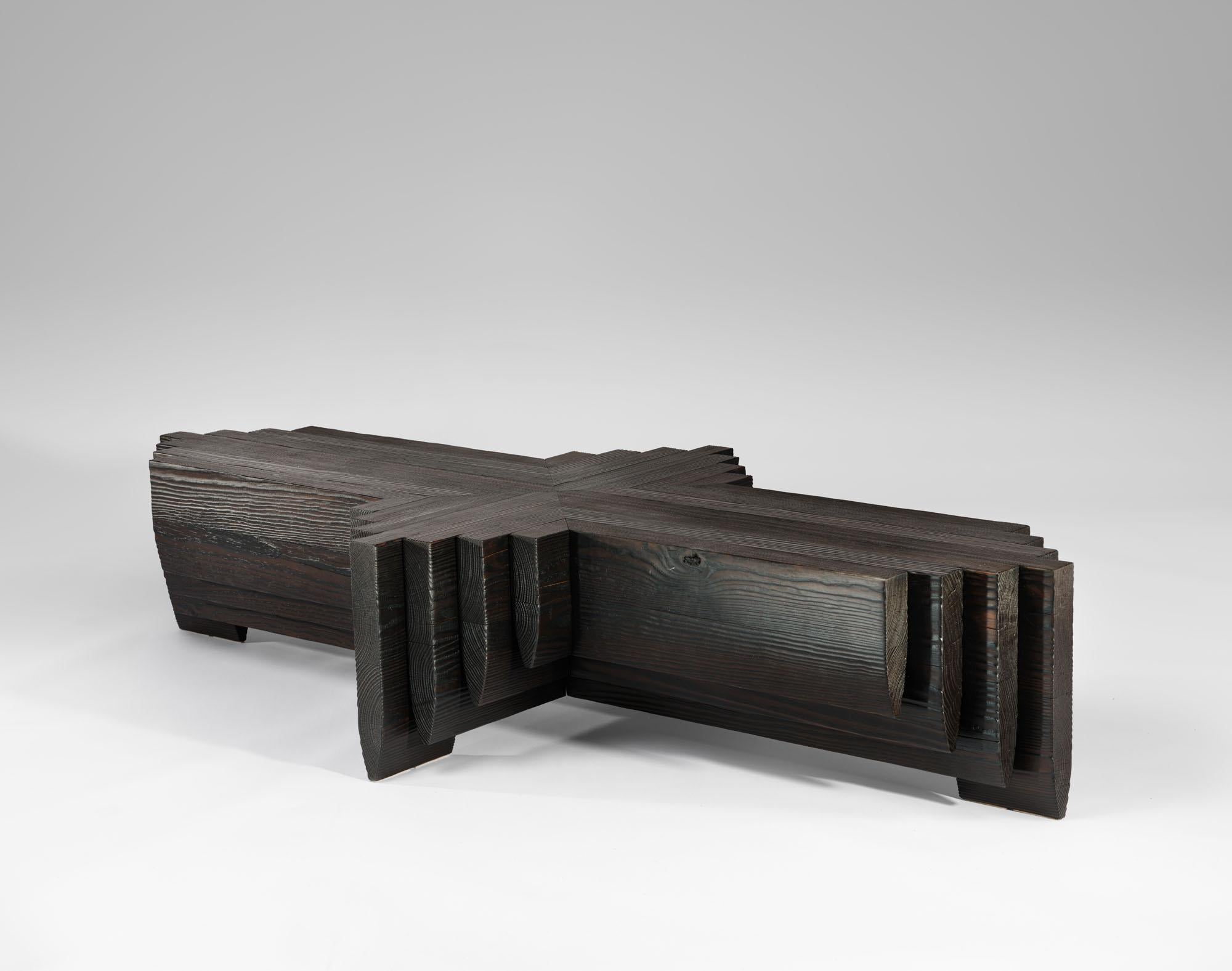 Black ‘Shou Sugi Ban’ burned solid Navé Cross 220 coffee table by Tim Vranken For Sale 3