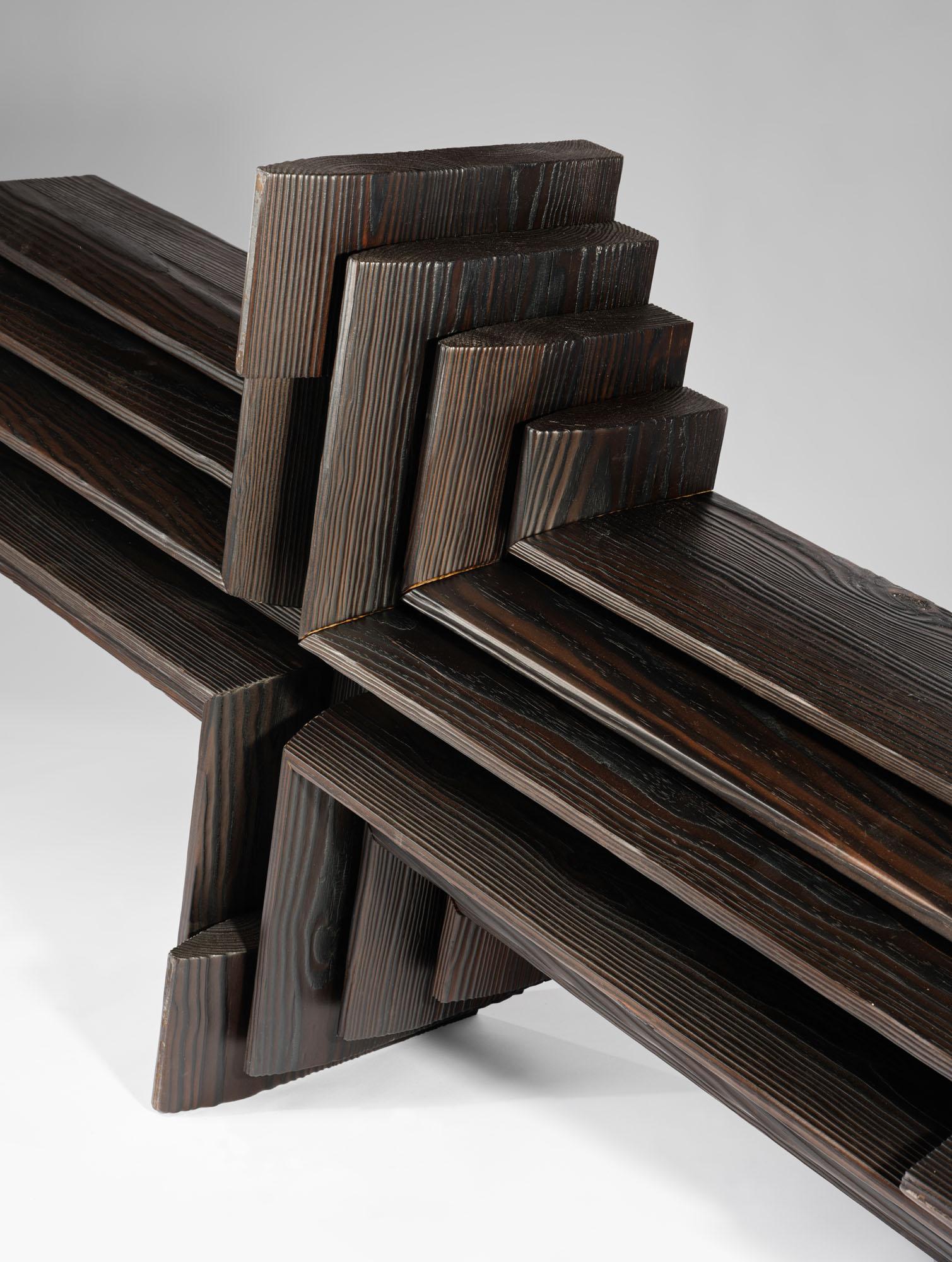 Hand-Crafted Black ‘Shou Sugi Ban’ burned solid Navé Cross 220 coffee table by Tim Vranken For Sale