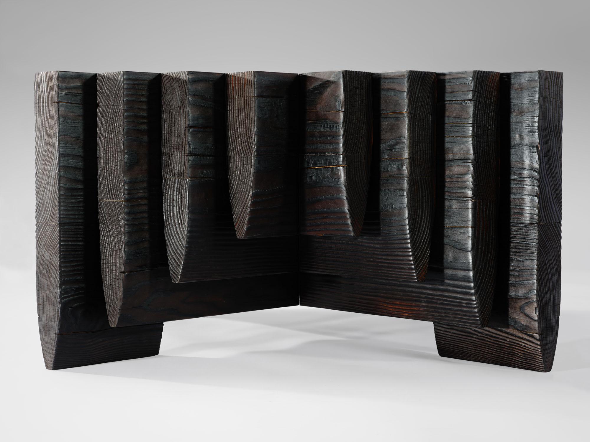 Pine Black ‘Shou Sugi Ban’ burned solid Navé Cross 220 coffee table by Tim Vranken For Sale