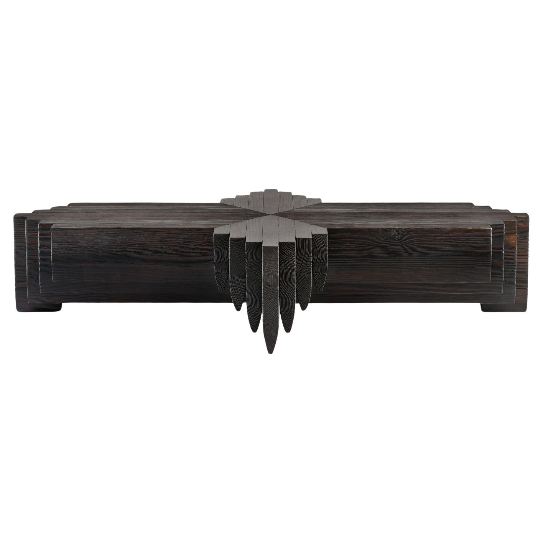 Black ‘Shou Sugi Ban’ burned solid Navé Cross 220 coffee table by Tim Vranken For Sale