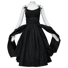 Vintage Black Shoulder Bow Sabrina Dress with Looping Car Wash Skirt - XS, 1950s