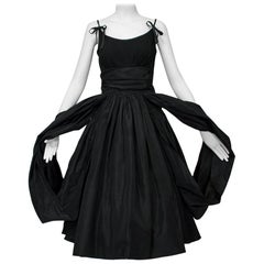 Antique Black Shoulder Bow Sabrina Dress with Looping Car Wash Skirt - XS, 1950s