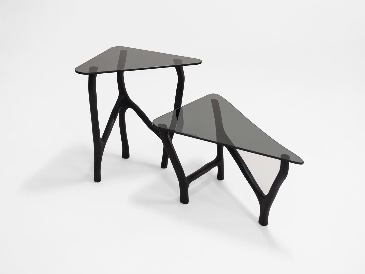Black Side Tables by Robin Berrewaerts
Materials: Ebonized oak - dark grey glass - oil finish
Dimensions: W 35, D 40, H 76 (high)
Dimensions: W 70, D 50, H 40 (low)

Robin Berrewaerts was born in 1991, he works and lives in Brussels, Belgium.