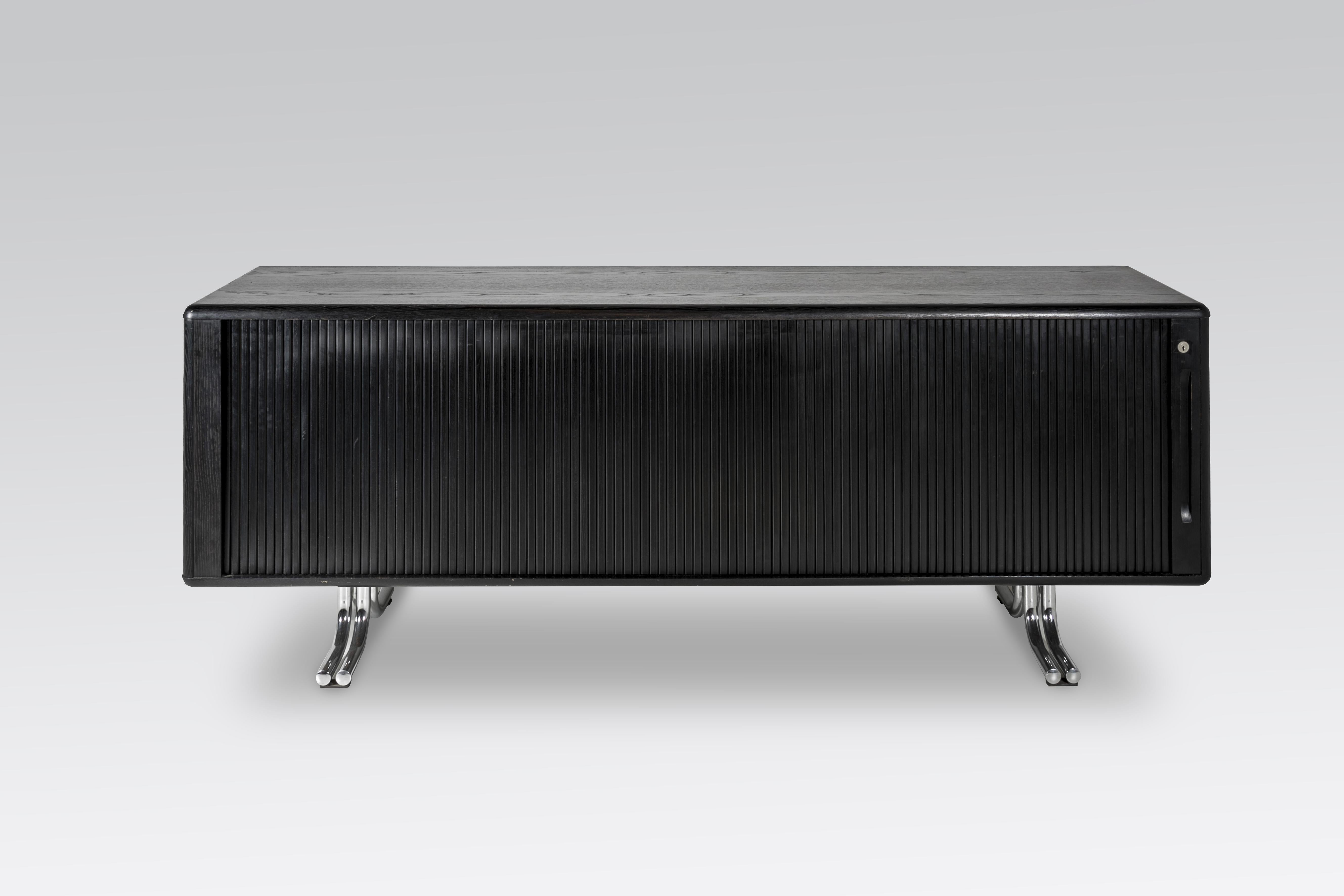 Black sideboard brutalist by Sitag Swissform 1970s, chrome legs, in perfect conditions.