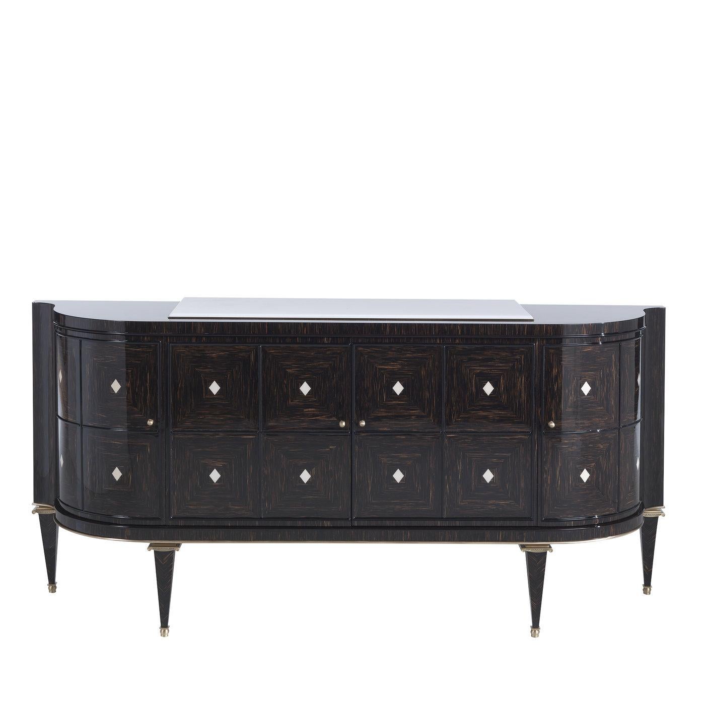 Standing tall on four tapered legs, this stately sideboard exemplifies a distinguished approach to modern, functional design. Crafted of solid palm wood, the streamlined demi-lune silhouette features two central doors flanked by two side doors