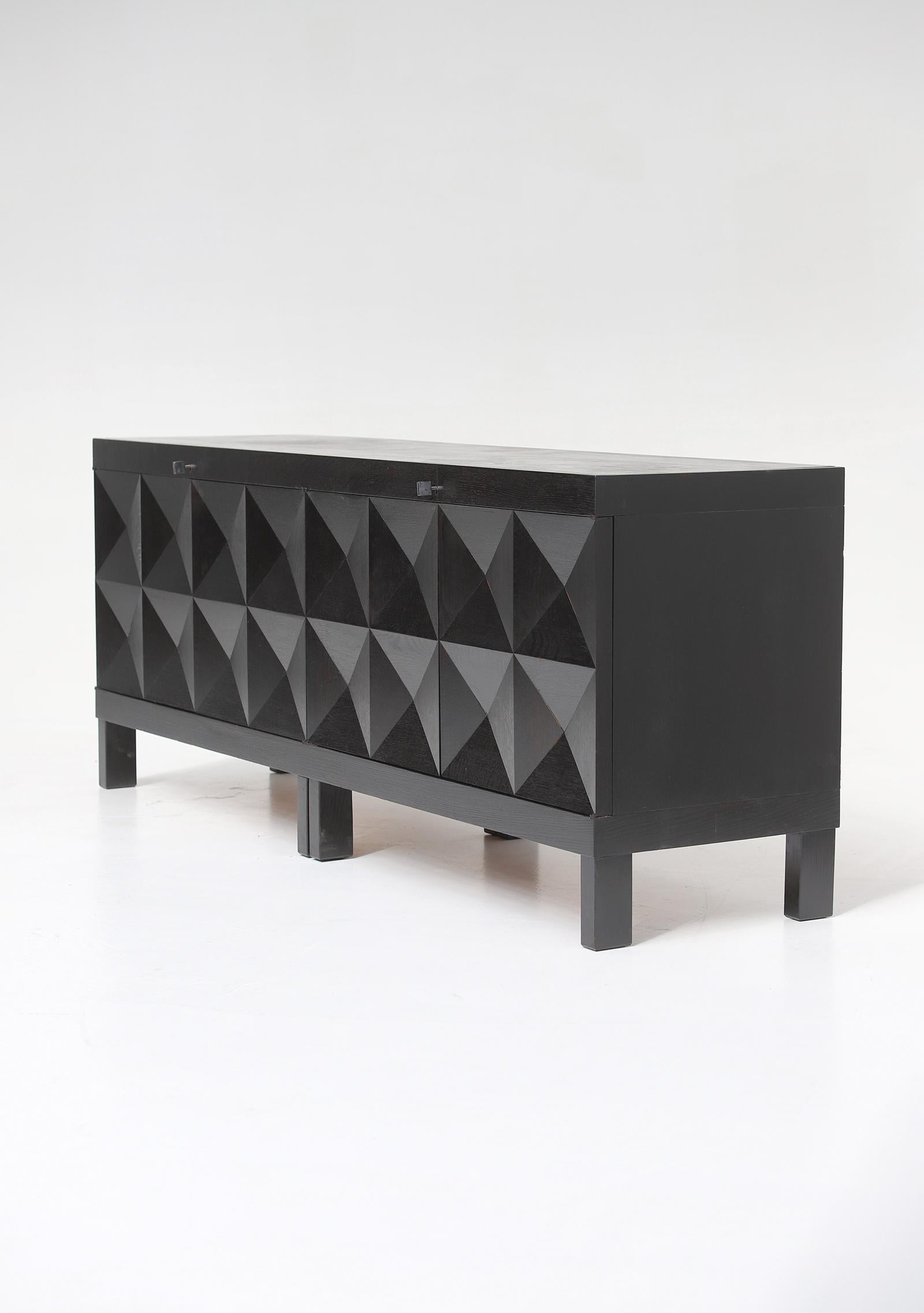 Mid-20th Century Brutalist black sideboard with graphic patterned doors for MI, Belgium 1969