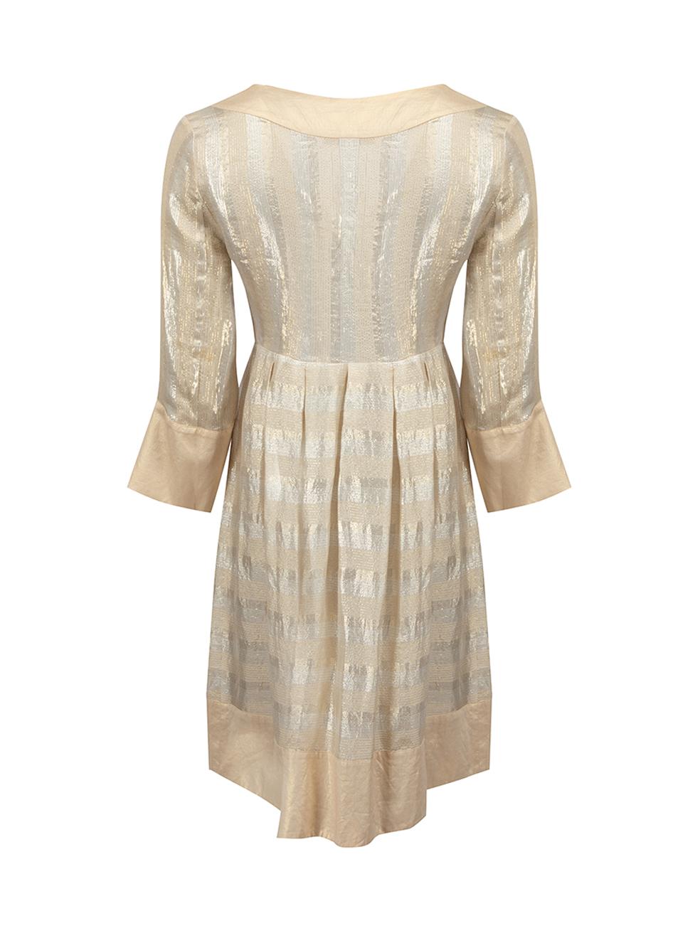 Beige Metallic Striped V Neck Mini Dress Size M In Good Condition For Sale In London, GB