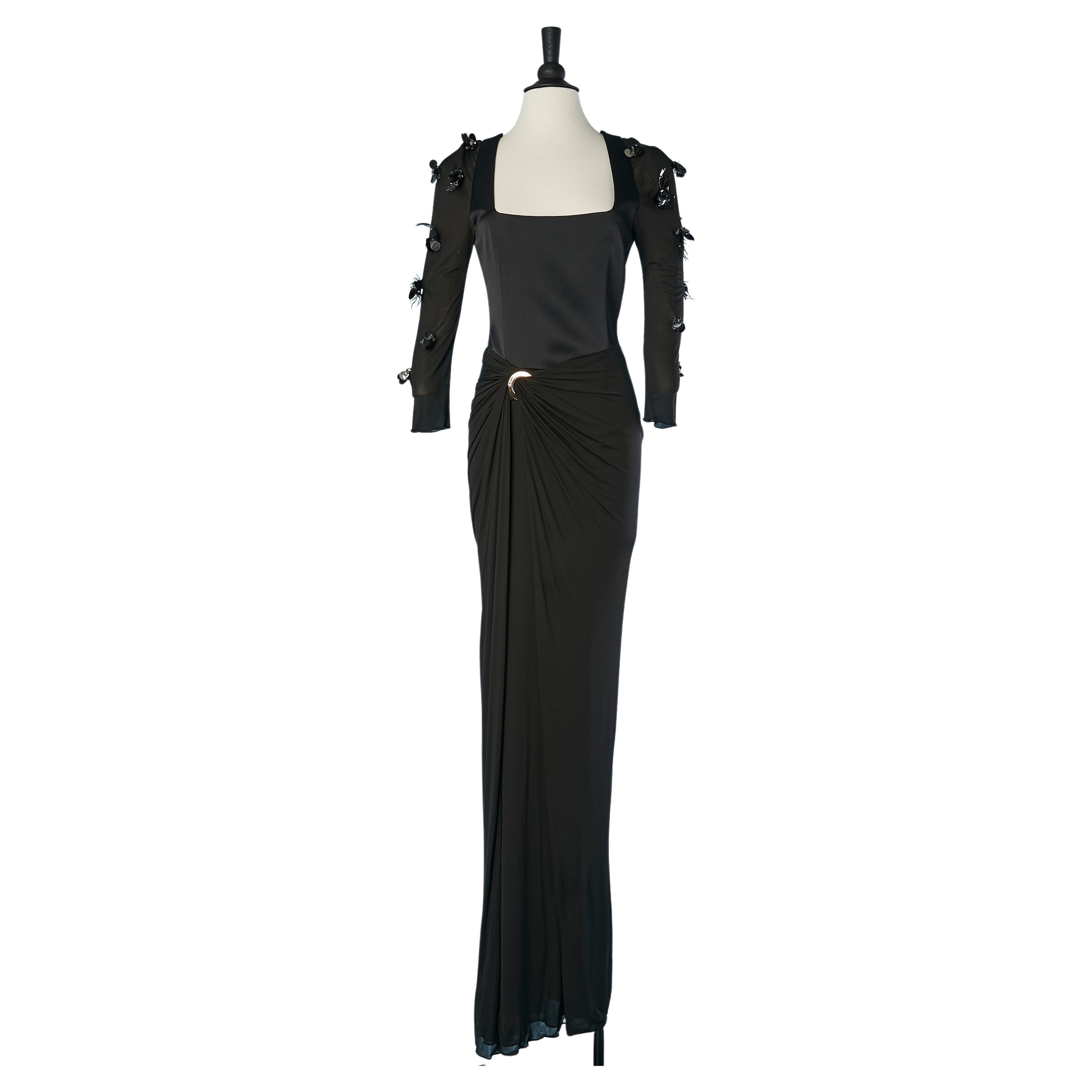 Black silk and jersey evening gown with embroideries on the sleeves Versace  For Sale