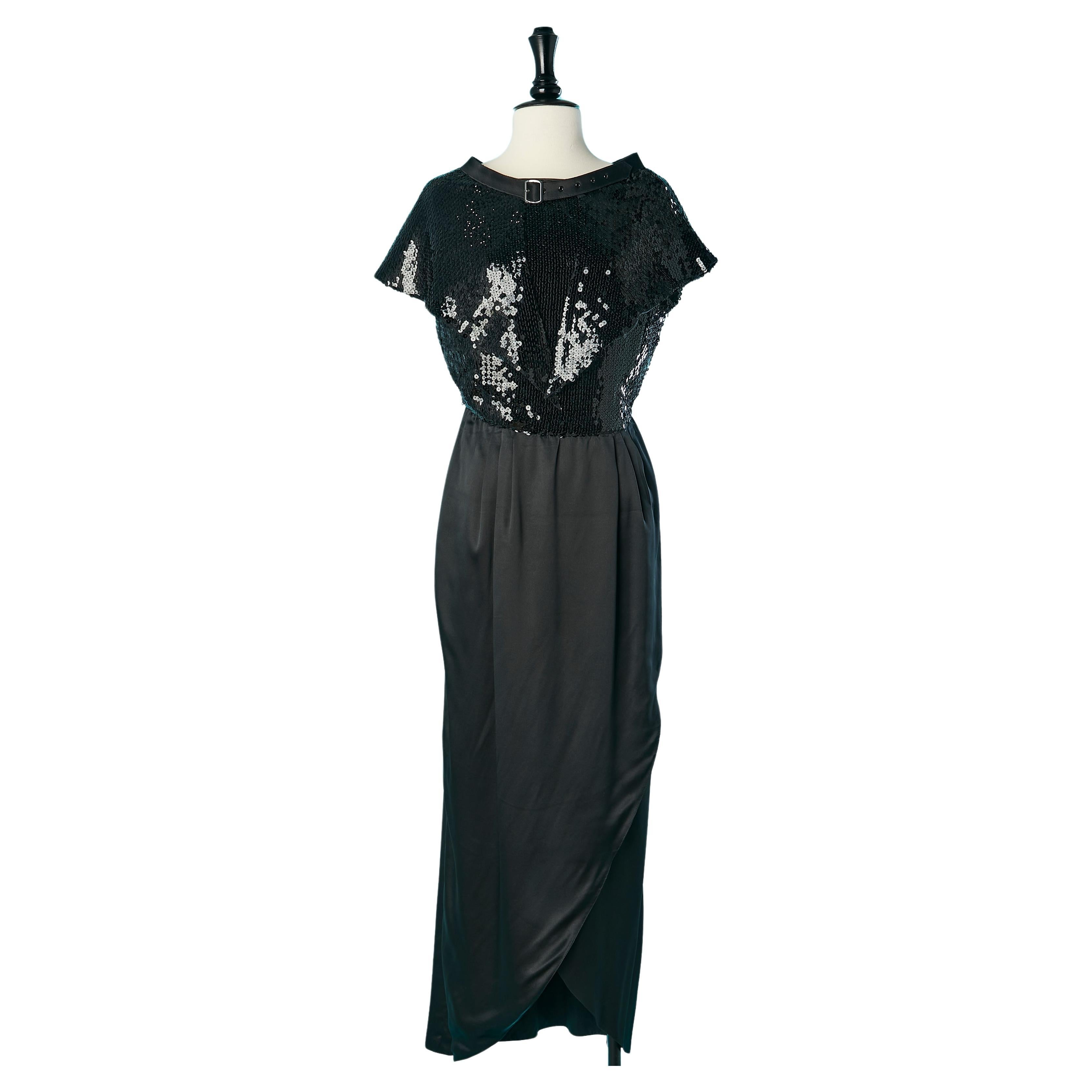 Black silk and sequin evening dress with sequin cape Louis Féraud  For Sale