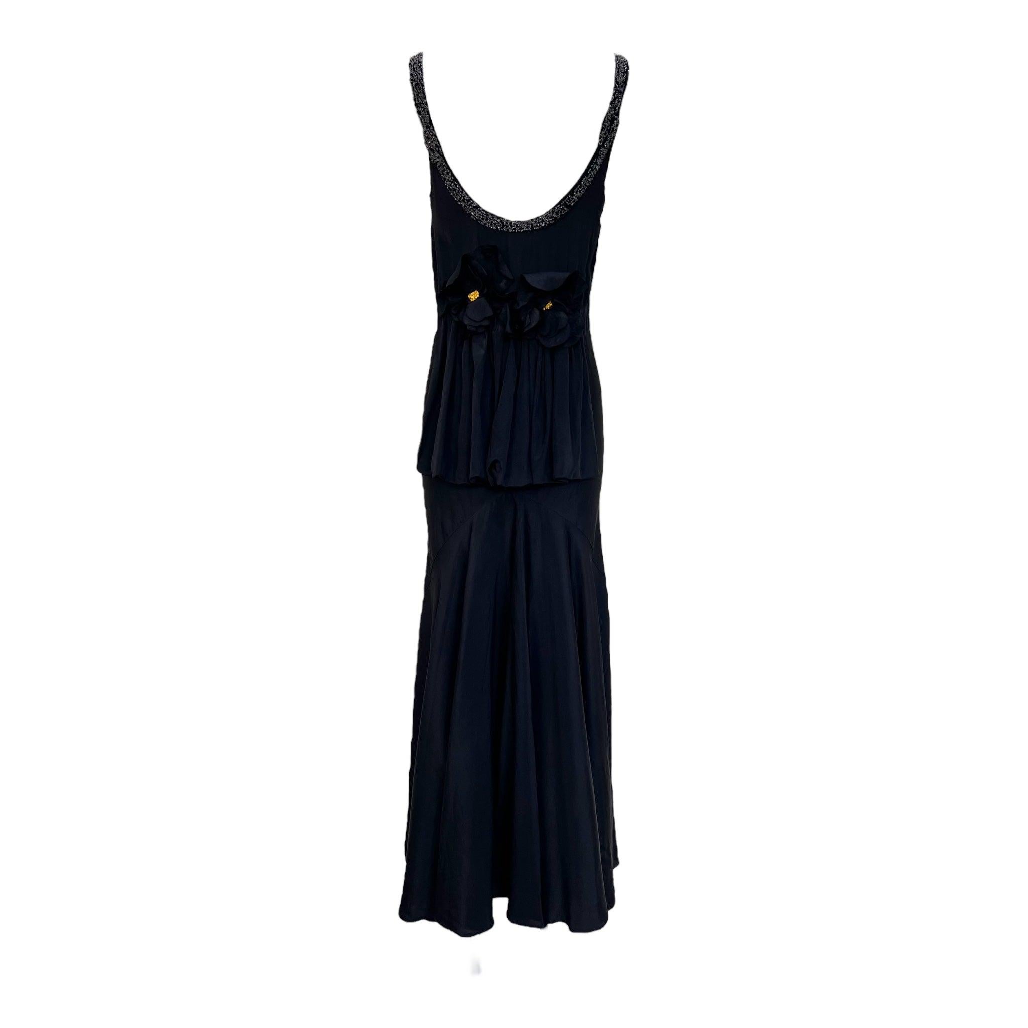 Women's Black Silk Bias Gown with Beading and Flower Appliqué, 1930s For Sale