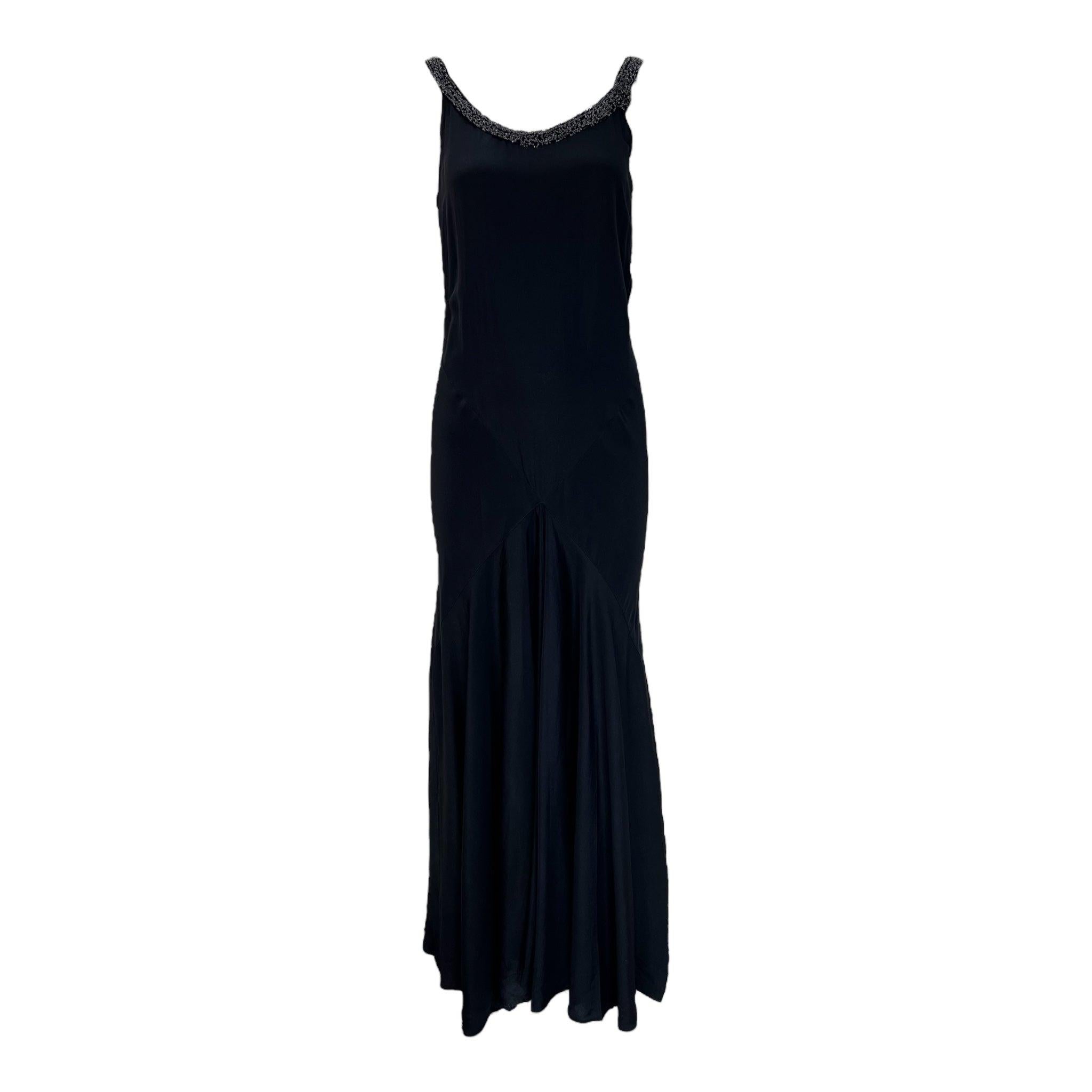 Black Silk Bias Gown with Beading and Flower Appliqué, 1930s For Sale