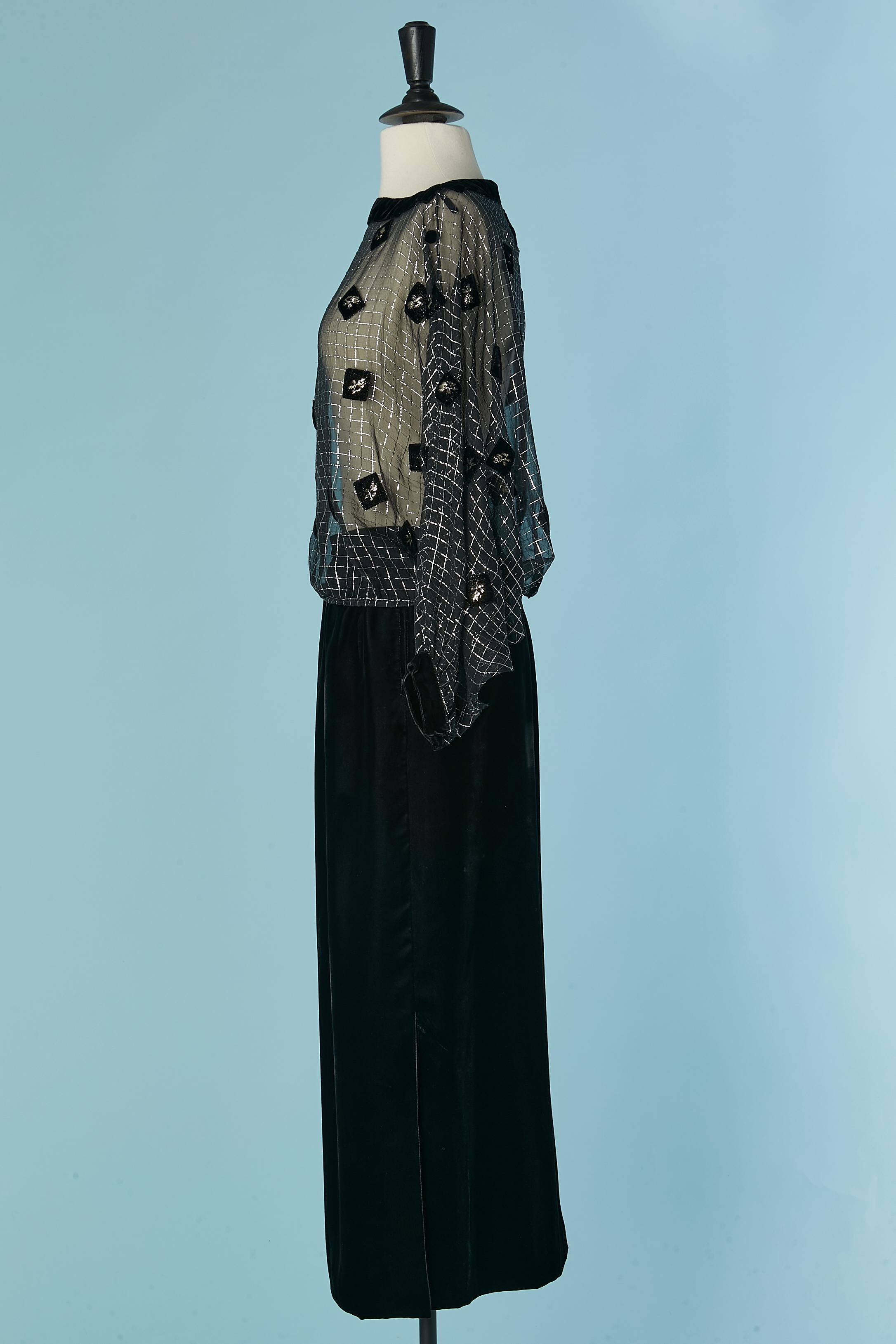 Black silk chiffon and lurex top and velvet skirt COURREGES For Sale 1