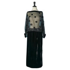Black silk chiffon and lurex top and velvet skirt COURREGES