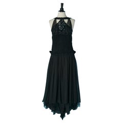 Black silk chiffon asymmetrical evening dress with sequins embroidery CHANEL