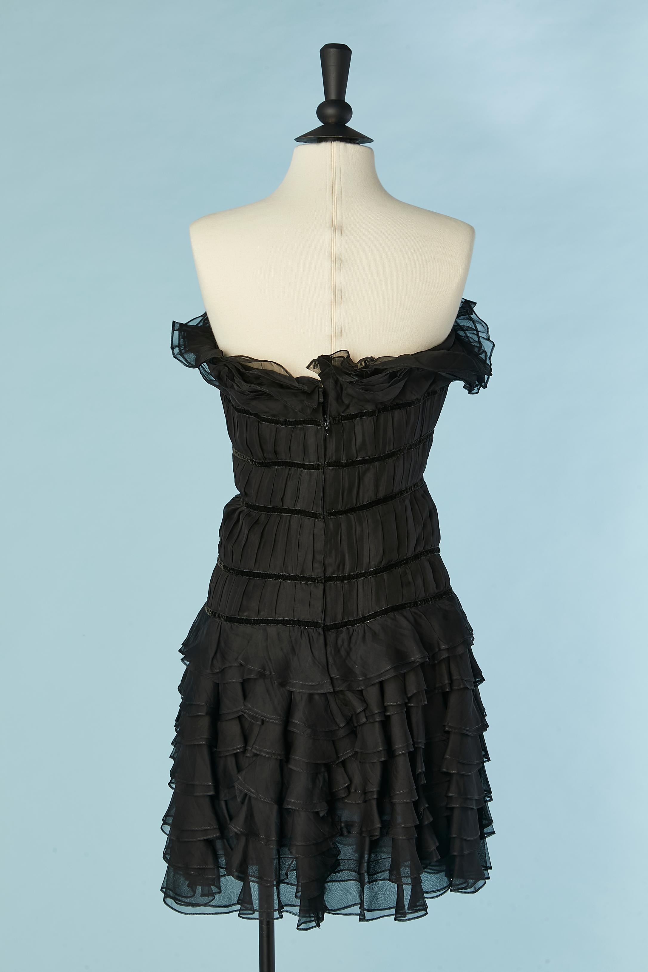 Black silk chiffon bustier cocktail dress with ruffles Chanel Boutique For Sale 2