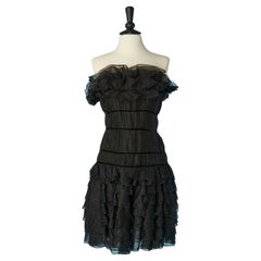 Black silk chiffon bustier cocktail dress with ruffles Chanel Boutique 