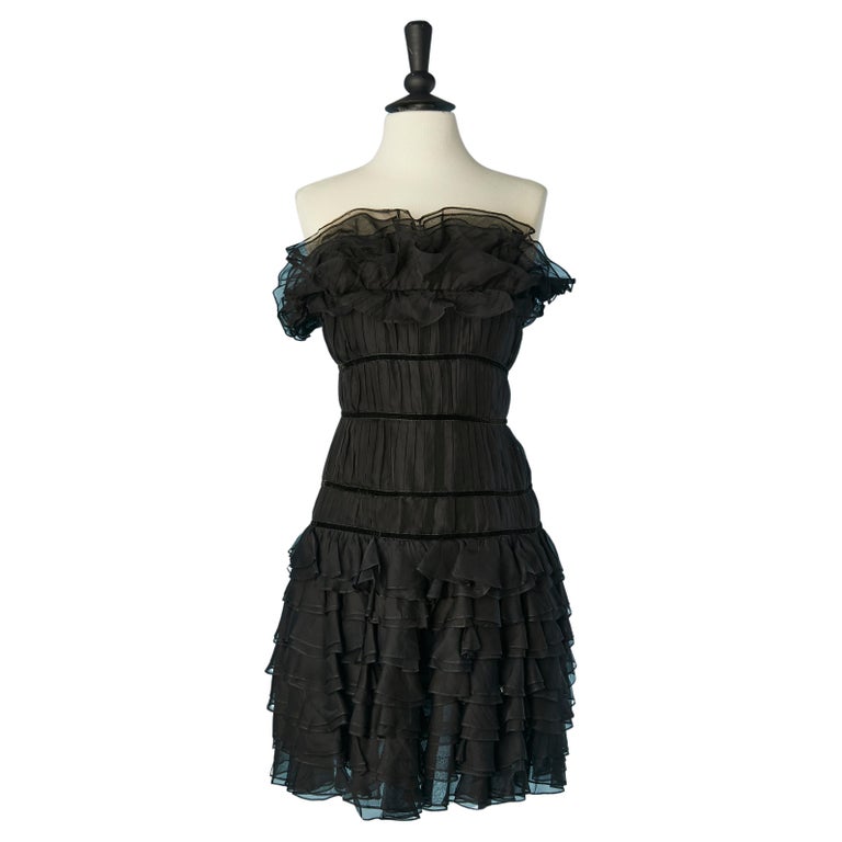 Black silk chiffon bustier cocktail dress with ruffles Chanel Boutique For  Sale at 1stDibs