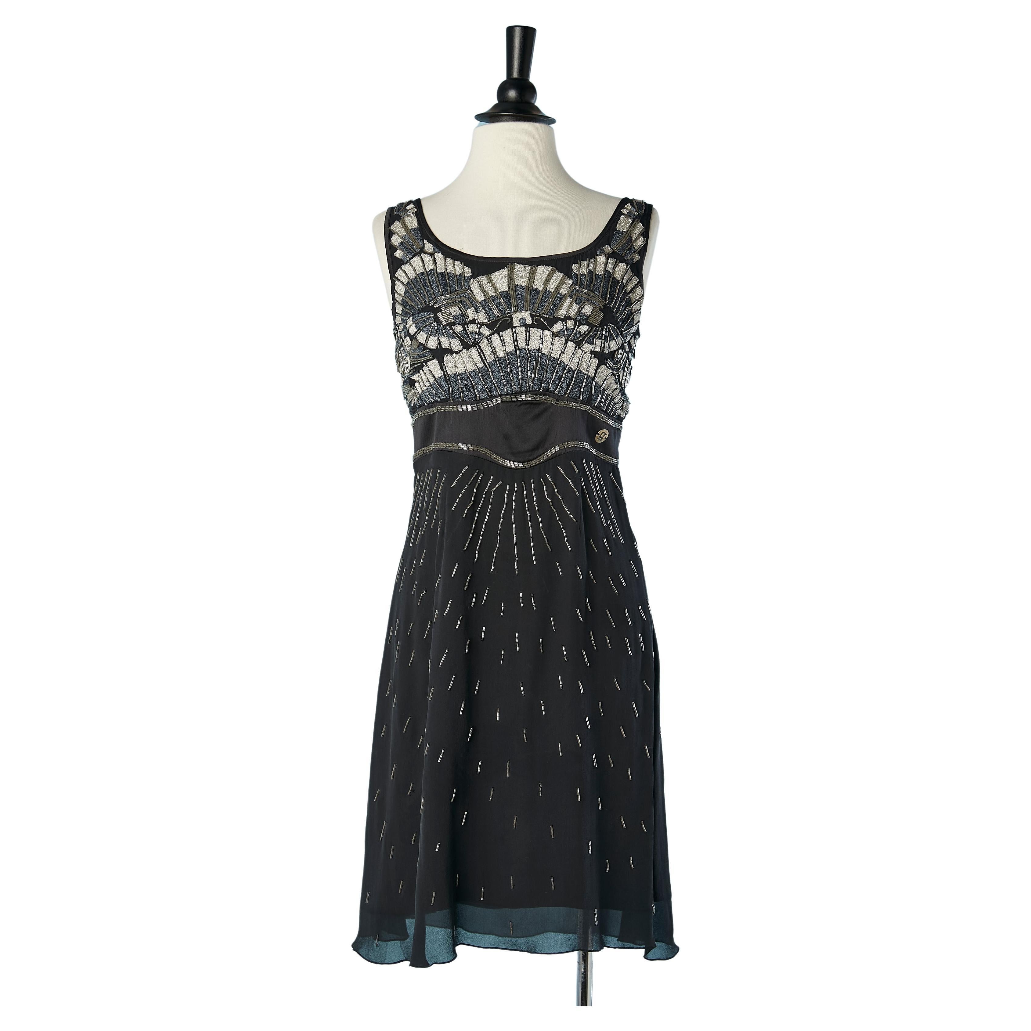 Black silk chiffon cocktail dress with beadwork Galliano  For Sale