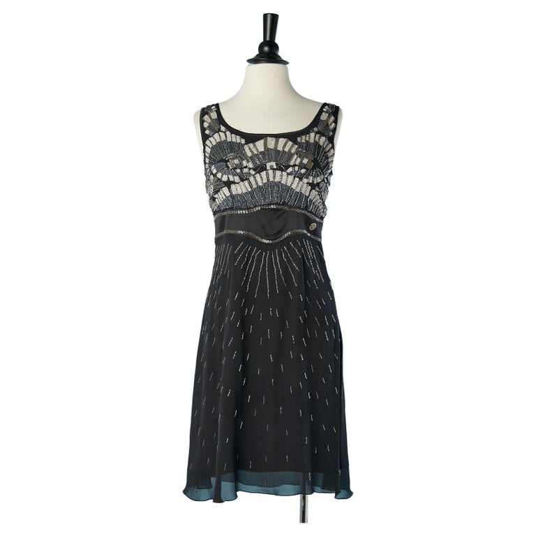 Black silk chiffon cocktail dress with beadwork Galliano For Sale at ...