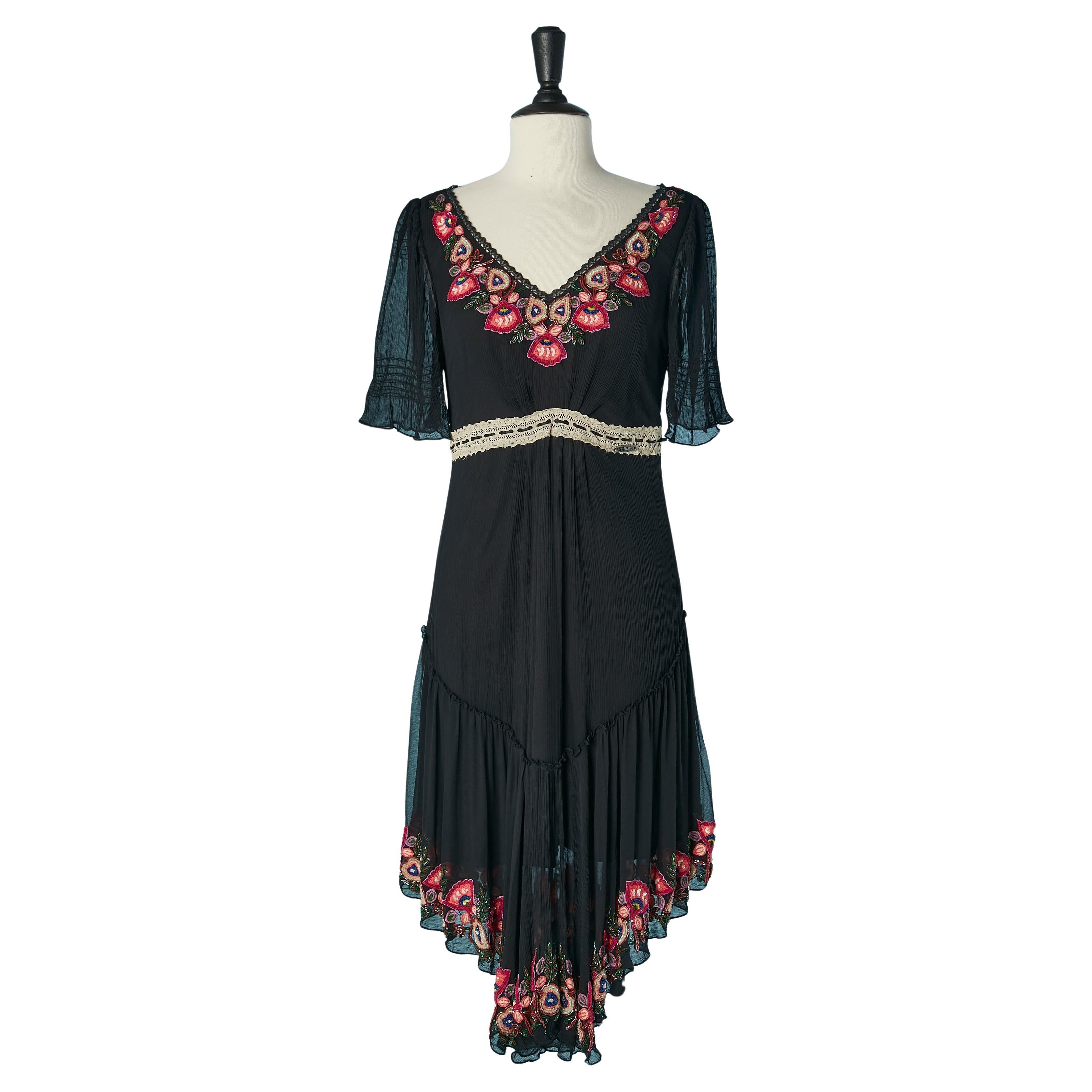 Black silk chiffon dress with embroideries GALLIANO