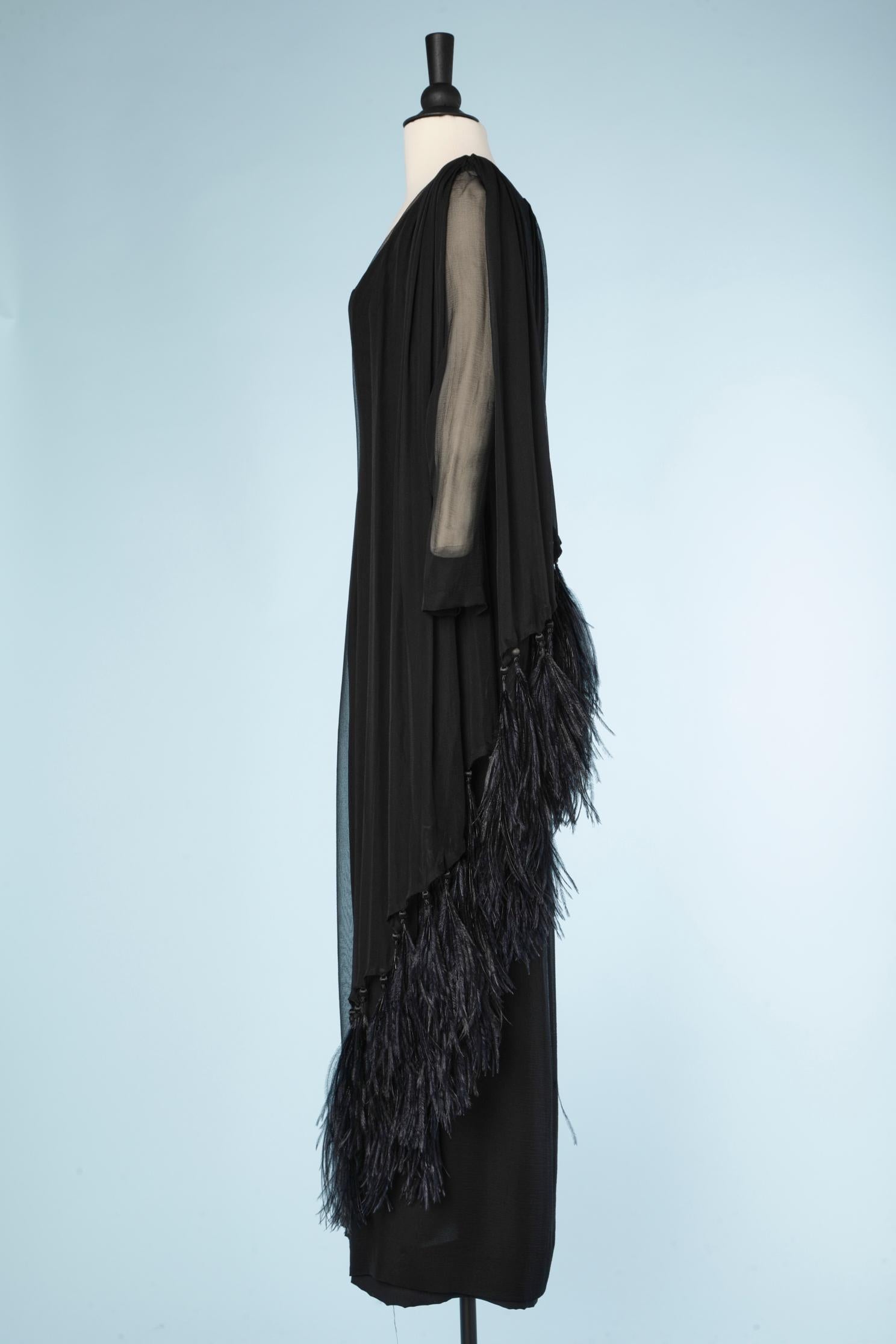 Black silk chiffon evening dress with feathers edge Pierre Balmain Couture  For Sale 4