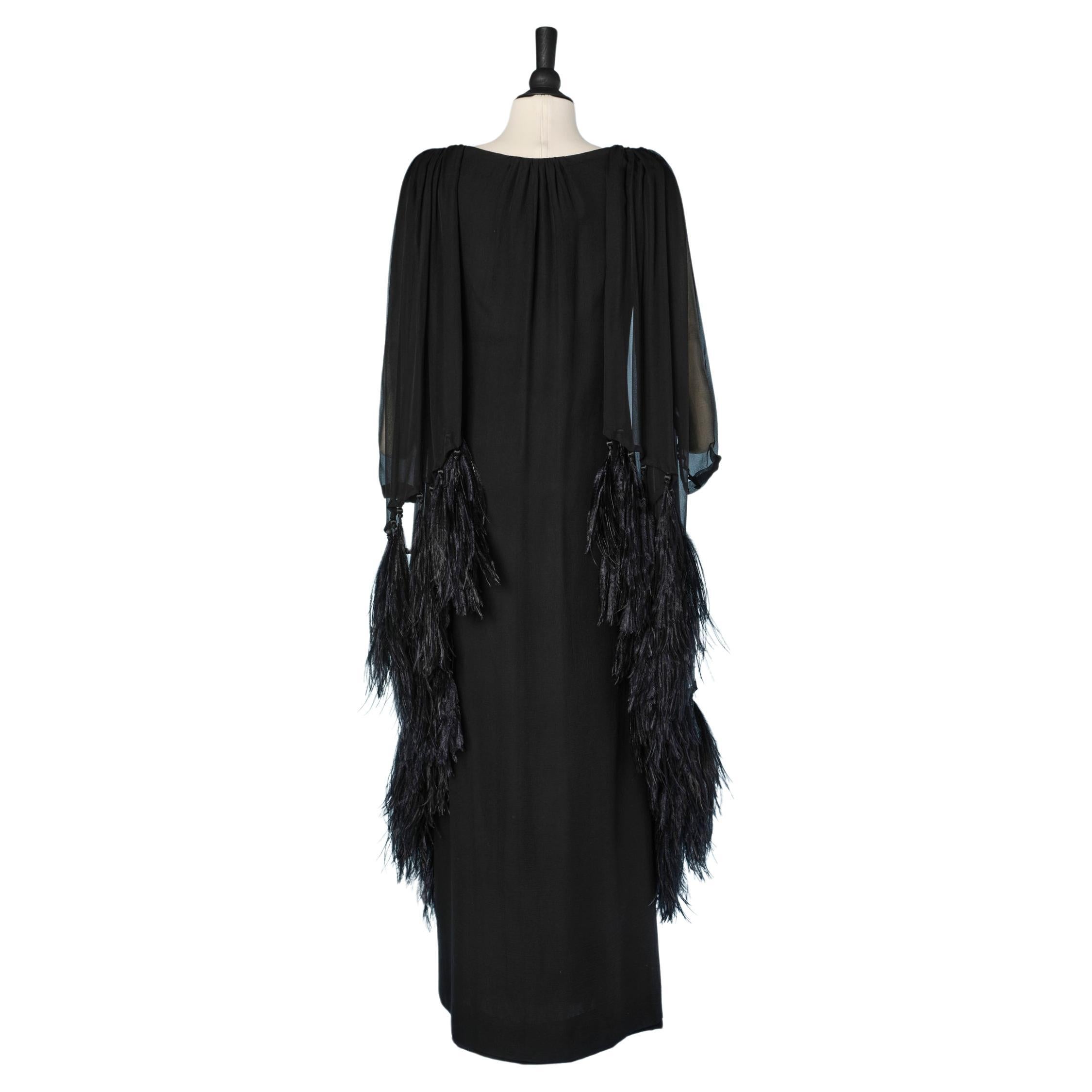 Black silk chiffon evening dress with feathers edge Pierre Balmain Couture  For Sale