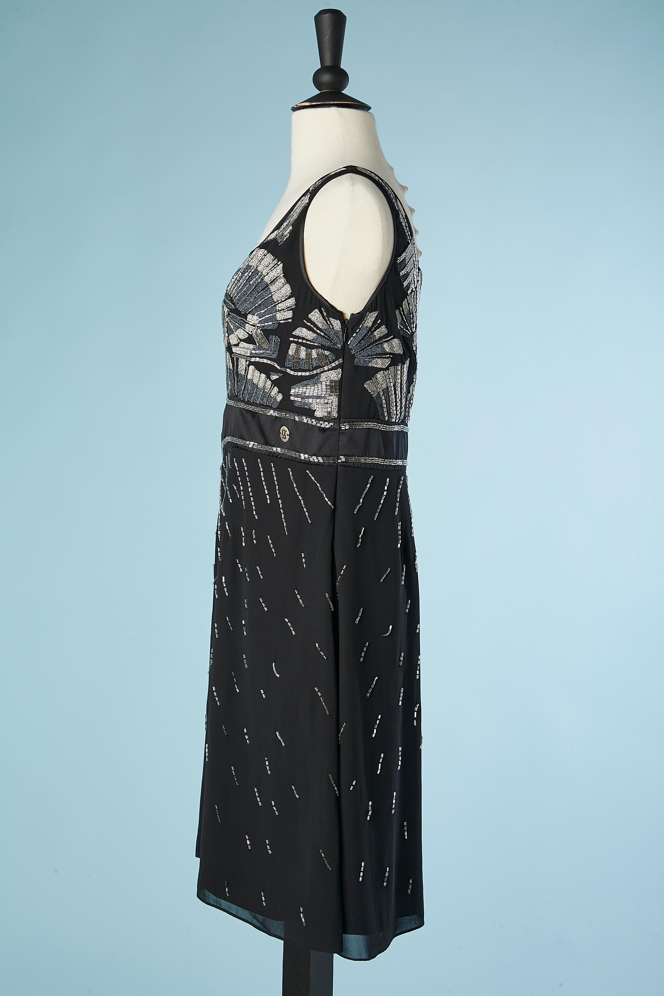 Black silk cocktail dress with beads and lurex thread embroderies John Galliano For Sale 2