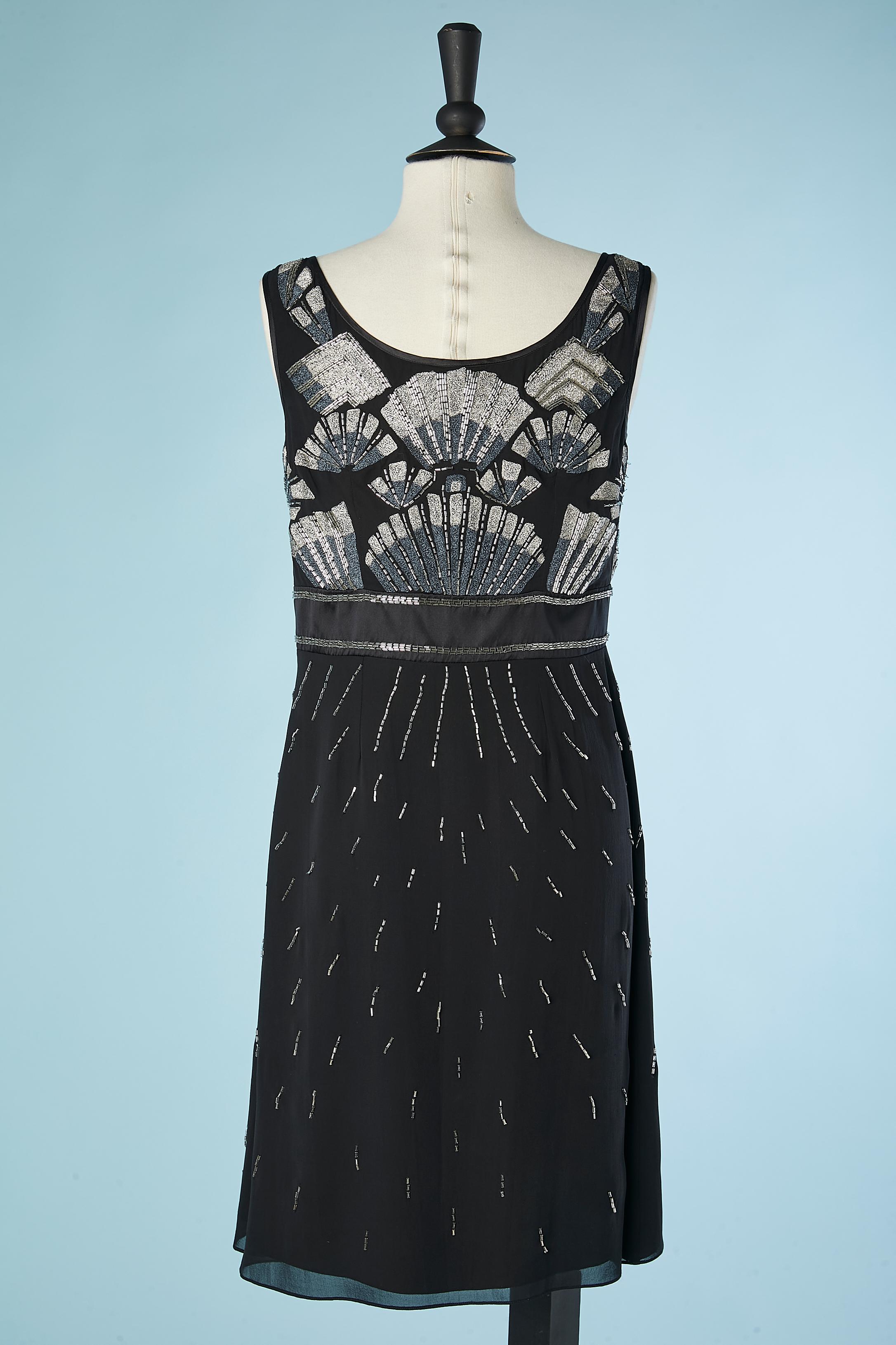Black silk cocktail dress with beads and lurex thread embroderies John Galliano For Sale 3