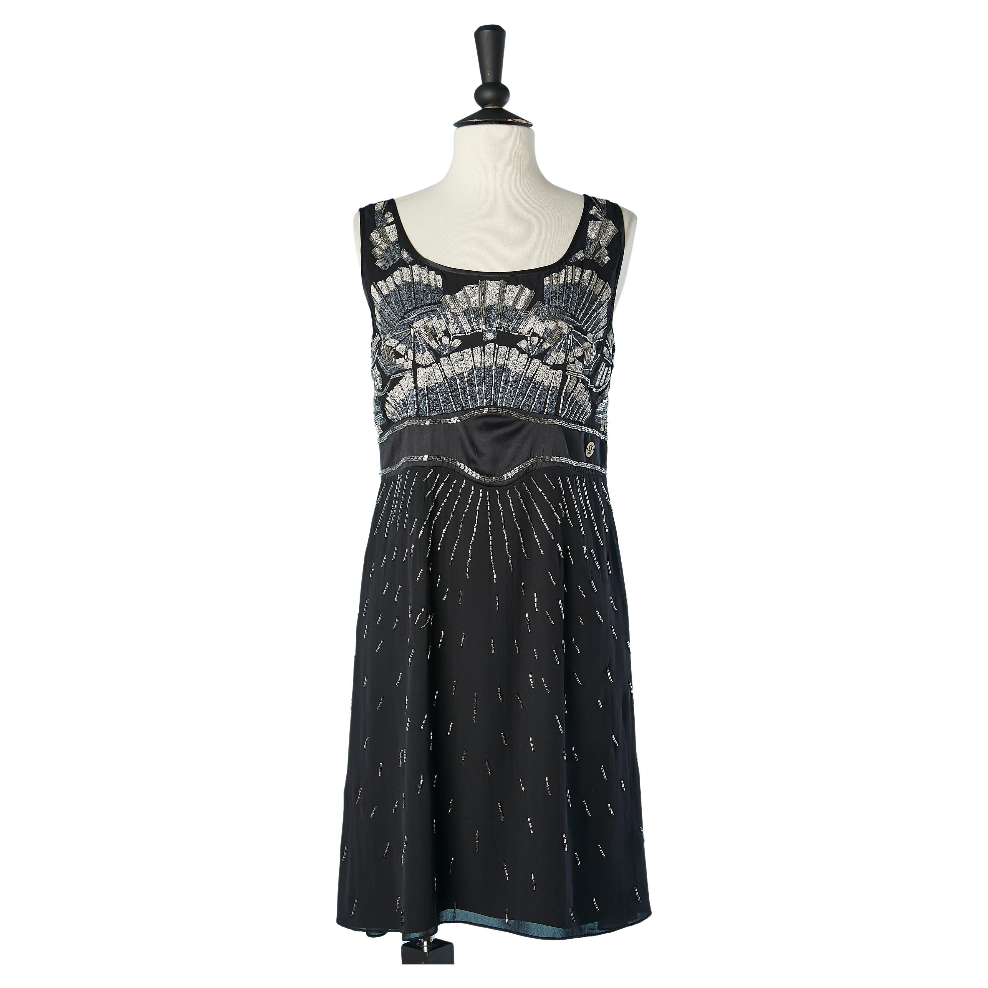 Black silk cocktail dress with beads and lurex thread embroderies John Galliano For Sale