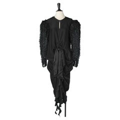 Black silk cocktail dress with bow and oversize sleeves with tiny ruban bow 