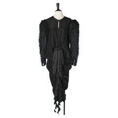 Black silk cocktail dress with bow and oversize sleeves with tiny ruban bow