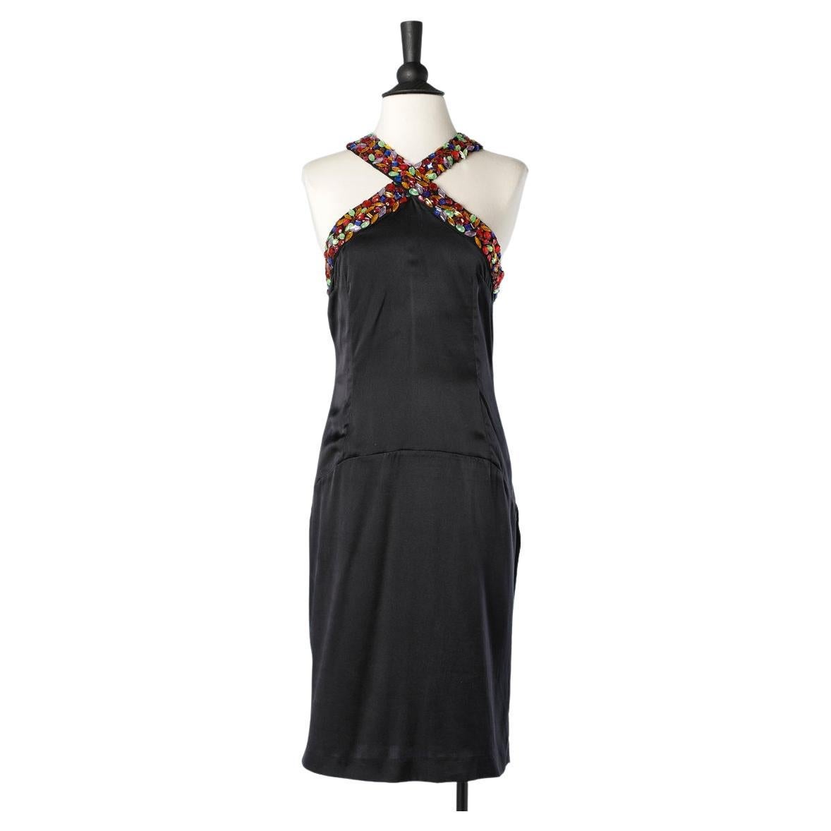 Black silk cocktail dress with colorfull rhinestone embellishment GF Ferré  For Sale