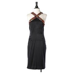 Vintage Black silk cocktail dress with colorfull rhinestone embellishment GF Ferré 